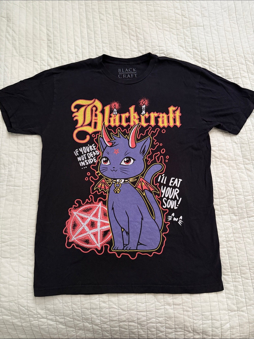 Blackcraft Men's Black Short Sleeve Graphic Tee - Purple Cat Design